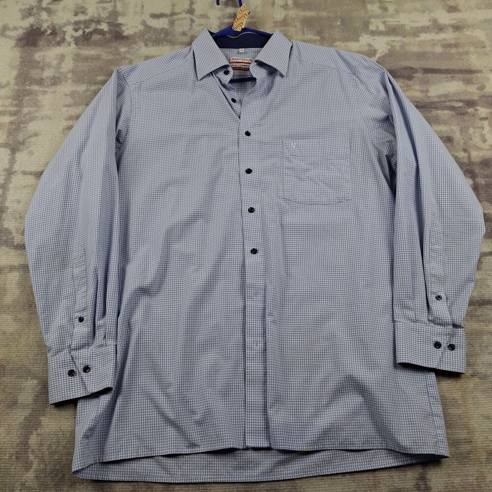 Marvelis Modern Fit Dress Shirt Mens 17 43 XL Blue White Gingham Check Non Iron